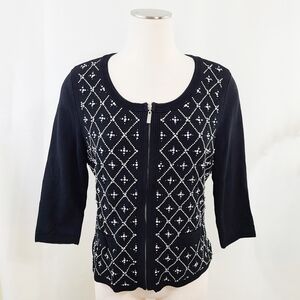 White House Black Market beaded cardigan sweater full zip black silver sz large